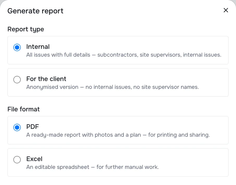 The “Generate report” window: internal or client version, PDF or Excel