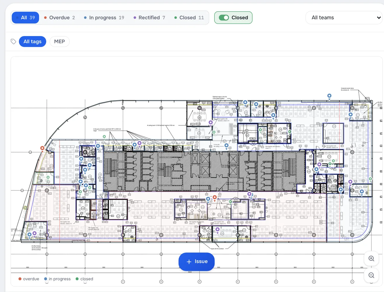 Floor plan, wall finishes sheet: issue pins in their places