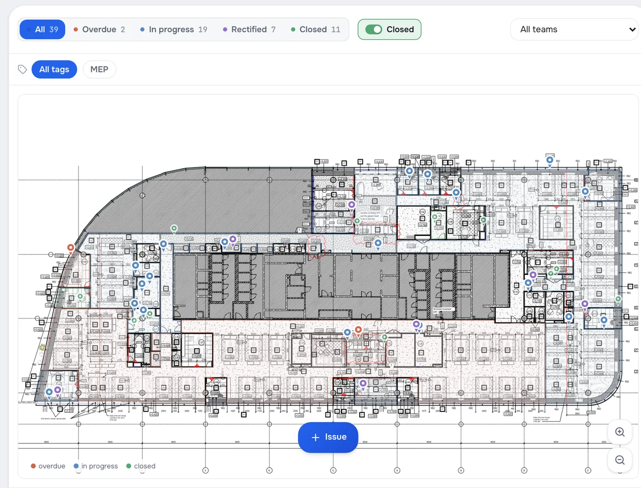 Floor plan, ceilings sheet: issue pins in their places