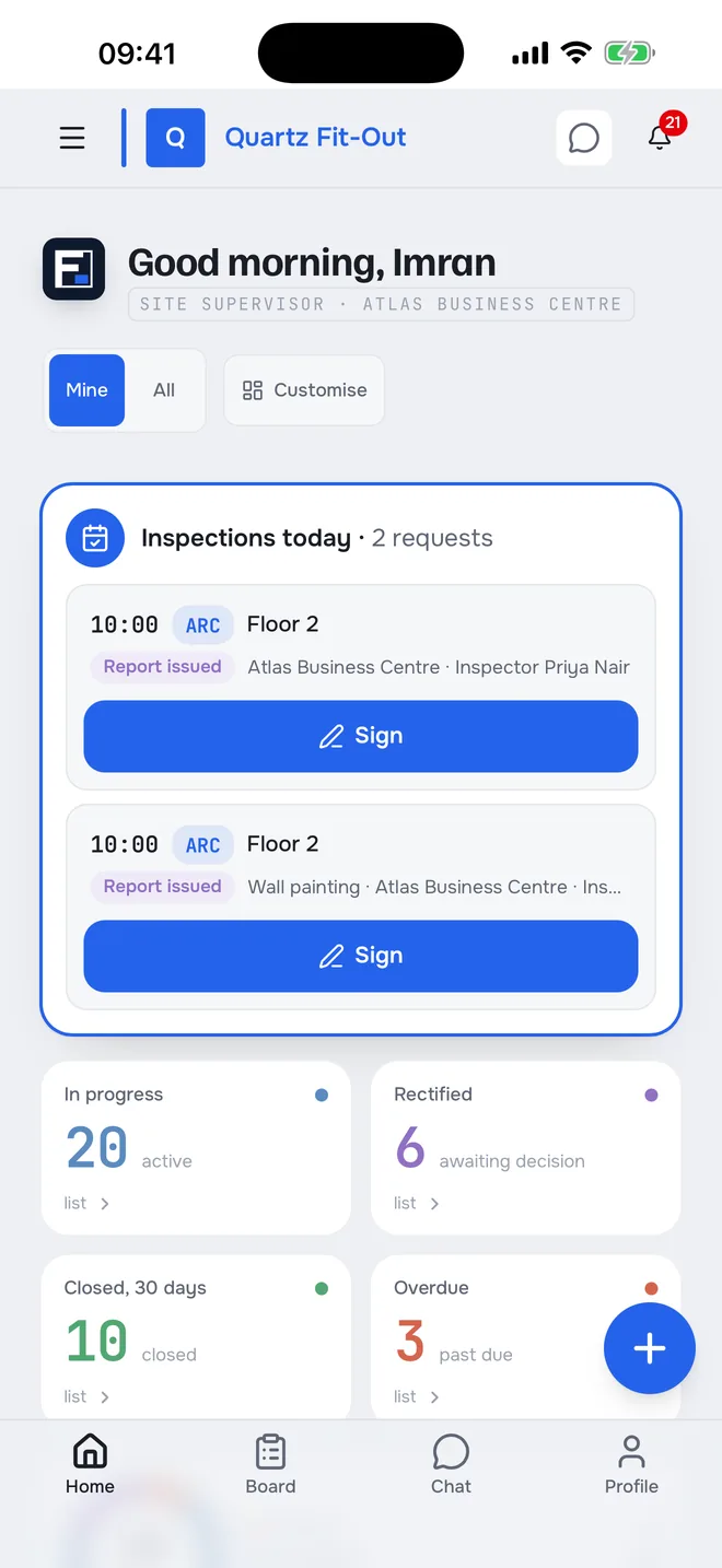 Site supervisor’s home screen on a phone: inspection today, 19 in progress, 4 rectified, 4 overdue