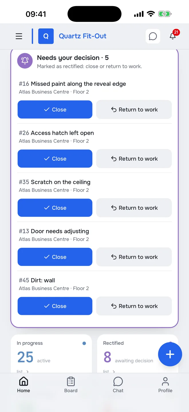 The “Needs your decision” block on a phone: buttons to close the issue or send it back