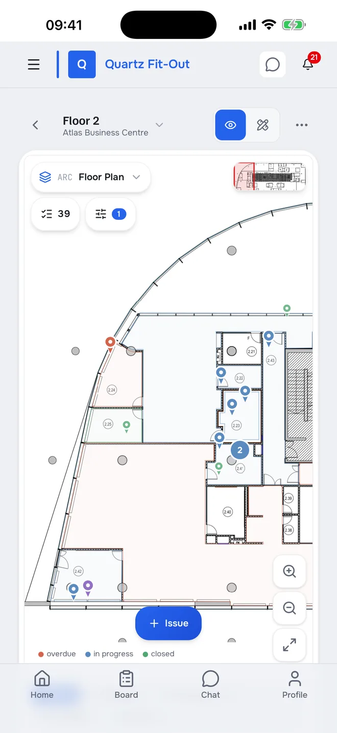 Floor plan on a phone: rooms and issue pins