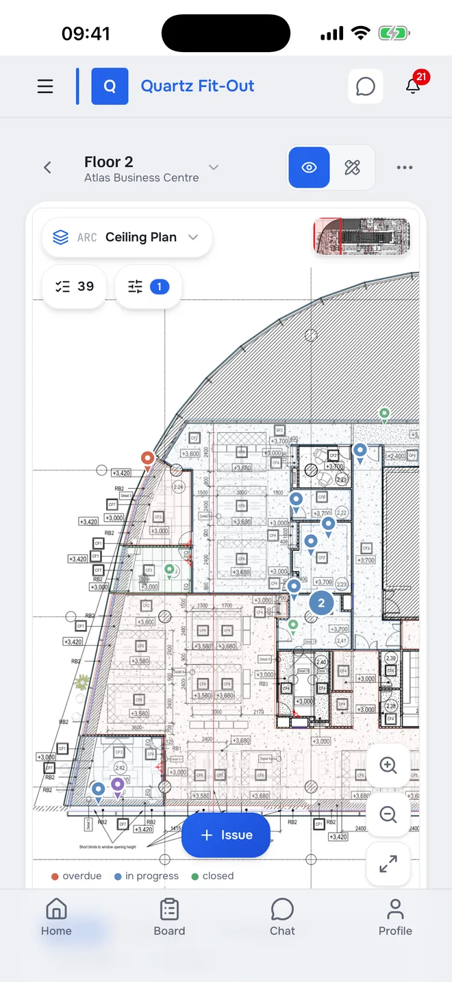 Floor plan, ceilings sheet: issue pins in their places